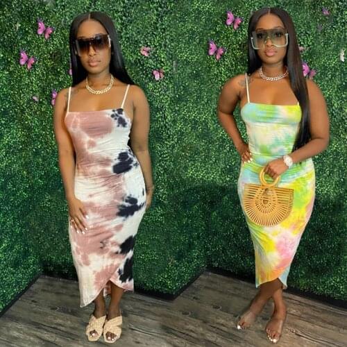 W5859 Wholesale Items Summer Halter Slip Dress Sexy Package Hip Dresses Irregular & Breathable Tie-dye Solid Dresses for Women