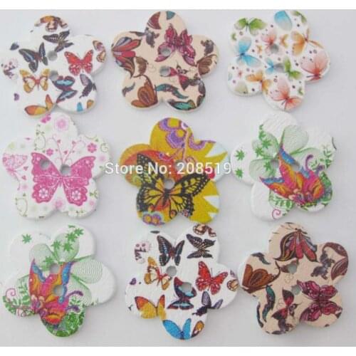 WBNAWS 100pcs Mixed Butterfly Printed 28mm flower wood buttons craft and scrapbooking accessories