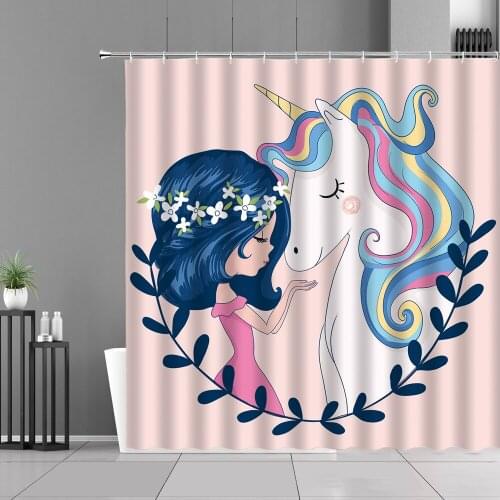Cartoon Girl Unicorn Pattern Shower Curtain Childrens Home Bathroom Curtains Waterproof Polyester Fabric Bath Screen Girls Gift