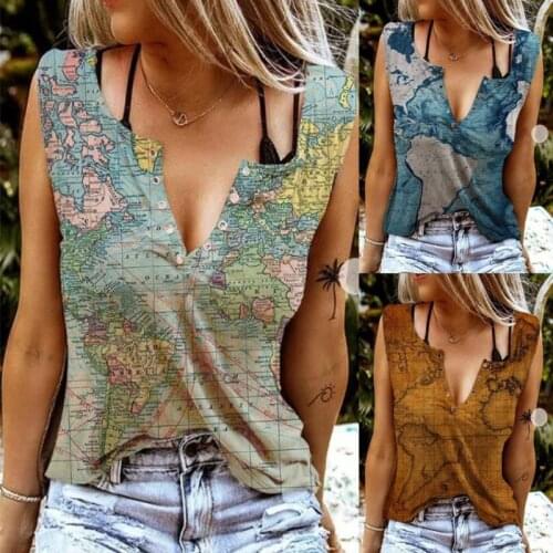 New Summer V-neck F] Map Printed T-shirt Breasted Casual Sleeveless Top Womens Loose Sexy Vest Large Size Clothing Chemise Femm