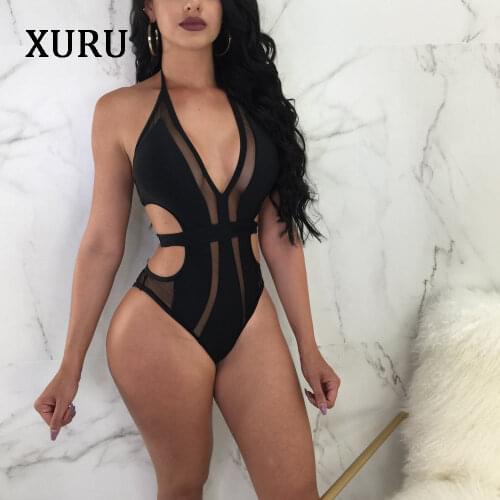 XURU Women Beach Bodysuits Blue Black See Through Mesh Hollow Out Lace Up Rompers Sexy Bodysuits Nightclub Wear Halter Bodysuit