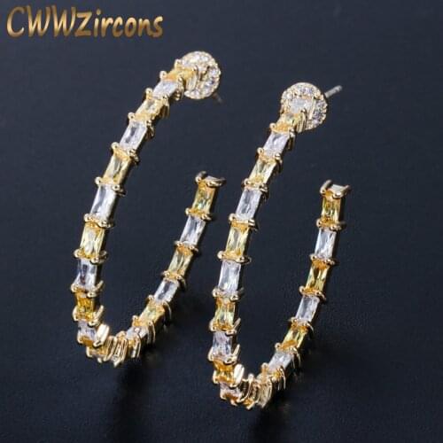 CWWZircons Top Quality Big Round Loop Shape Cubic Zircon Paved Yellow Gold Silver CZ Hoop Earrings for Women Jewelry CZ204