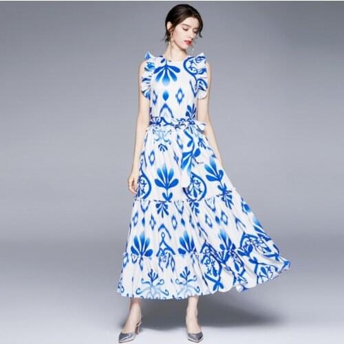 Women Summer 2021 Vintage Blue Floral Printted O-Neck sleeveless Dew Shoulder Ruffles Lace Up Slim Long Dress Vestidos Female