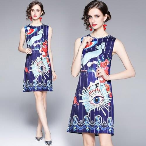 Womens Summer New Retro round-Neck Sleeveless Galaxy Print Tank Dress