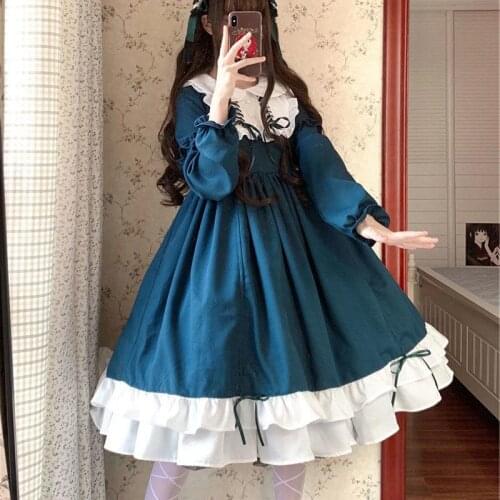 Japanese Lolita Style Autumn Spring Women Dress Peter Pan Collar Pink Wine RedBandage Dress Cute Kawaii Ruffles Girl Party Dress