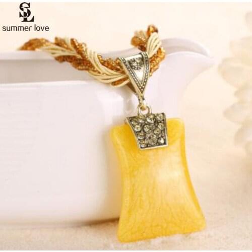 Bohemian Style Square Resin Beads Boho Necklaces Pendants With Crystal Vintage Retro Copper Long Necklace Women Jewelry