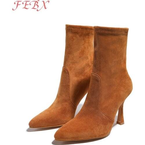 Women Ankle Boots Ladies Slip-On Flock Pointed Thin Heel Short Boot Female Fashion Sexy Winter Outdoor Shoes Womens Footwear