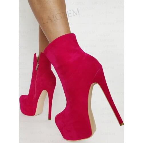 LAIGZEM Women Ankle Platform Boots Round Toe Thin High Heels Zip Up Booties Faux Suede Ladies Shoes Woman Big Size 41 43 47 52