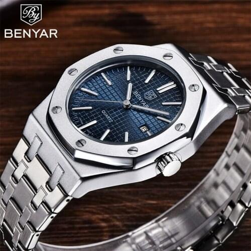 Benyar Design 2021 New Casual Fashion Mens Quartz Watches Stainless Steel Waterproof Automatic Date Luminous Watch Montre Homme