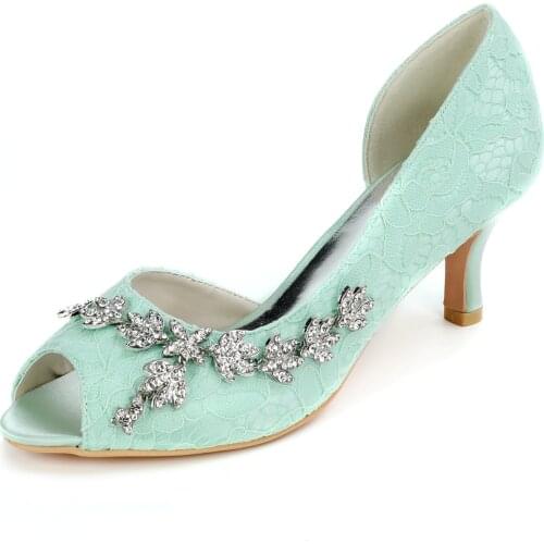 Elegant Lady Lace Lower Heels D'orsay design with Metal Rhinestone Chain Pumps Bridal Wedding Open Toe Mint Green Lavender Ivory