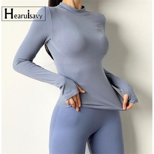 Autumn Letter High Collar Fitness Sports T Shirts Women Long Sleeve Thumb Hole Gym Seamless Elastic Tight Running T-shirt