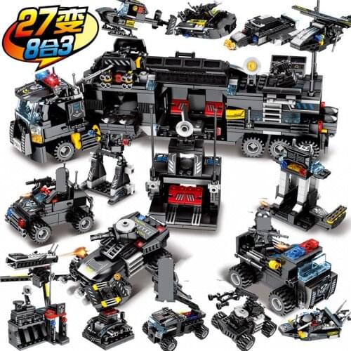 City Police SWAT Truck Ship Vehicle Black Eagle Special Team Command Car Helicopter Military Soldier Figure Building Blocks Toys