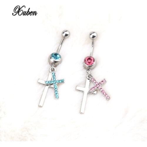 1 PC color Crystal Navel Rings Cross Surgical Steel Belly Button Rings Dangle Piercing Belly Piercing Body Jewelry blue pink