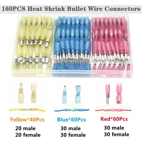 160Pcs Heat Shrink Bullet Wire Connectors Kit Electrical Insulated Waterproof Crimp Marine Automotive Terminals 3 Sizes