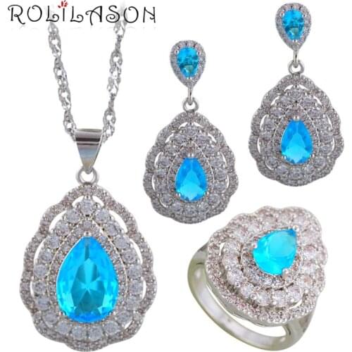ROLILASON Light blue Zircon Water drop Silver filled 925 stamped Birthday Jewelry Sets Earrings Necklace rings JS700