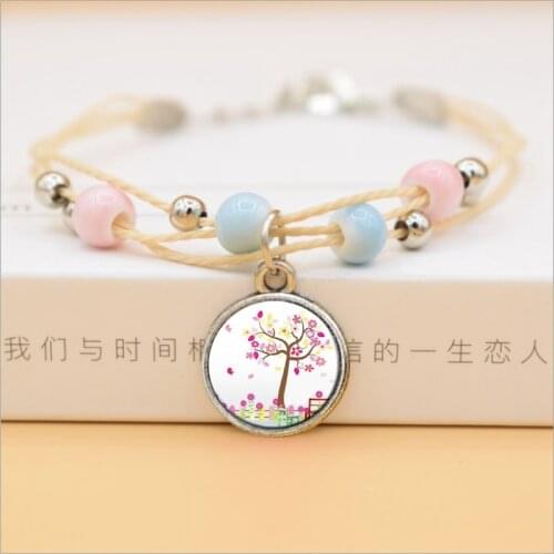 Cute Pink Tree Of Life Charm Bracelets Kawaii Multilayer Colorful Ceramic Beads Bracelet Women Jewelry Gifts For Girls