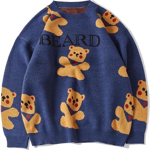 Men Sweater Harajuku Cartoon Bear Pattern Streetwear Vintage Pullover for Man Women 2020 Autumn New O-neck Casual Mens Sweaters