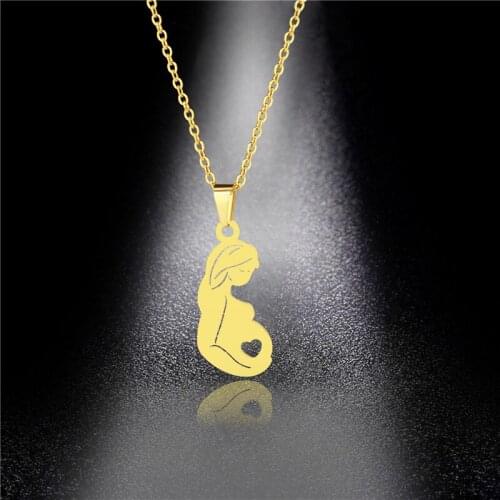 Gold Color Pregnant Woman Pendant Necklace Love Family Mom Dad Baby Fashion Stainless Steel Choker Chain Necklaces Charm Gift