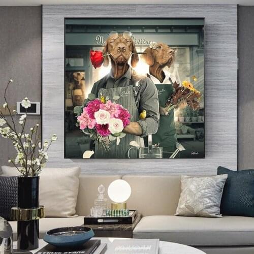 Vintage Style Animals Canvas Painting Dog couple holding roses Posters and Prints Nordic Wall Art Picture for Living Room Decor
