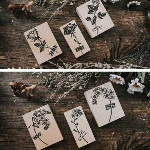 Rose Sakura Peach Blossom Flower Drawing Sketch Wood Stamp DIY Wooden Seal Diary Hand Account Invitation Card Deco Birthday Gift