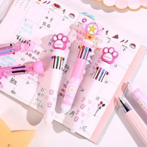 10pcs Student Cute Ten-Color Ballpoint Pen Multi-Function Click Oil Pen Multi-Color Pen Male and Female Student Stationery