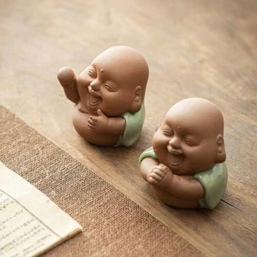 Happy Buddha Laugh Smiling Buddha Small Size Porcelain Purple Clay Tea Pet Geyao Craft Crackle Glaze Tea Play On Sales