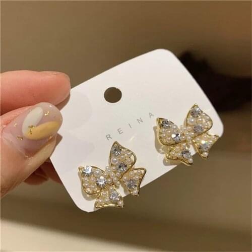 Korean Hot Trendy Crystal Pearl Butterfly Stud Earrings For Women Elegant Small Boucle d’oreille Brincos