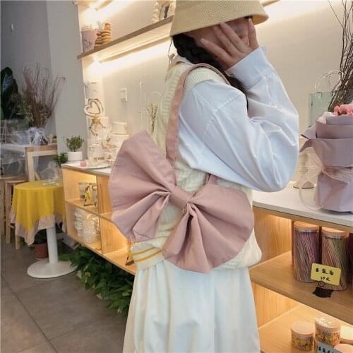 Japanese Designed Cute Bowknot Pleated Lolita Handbag Folding Canvas Shoulder Bag Multi-purpose Large Tote Messenger Bag