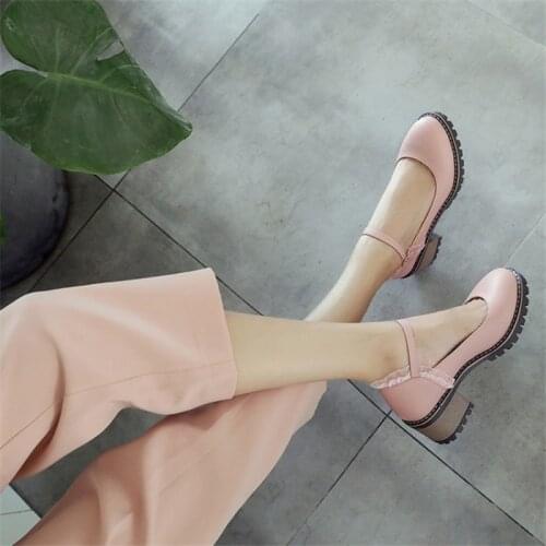 PXELENA Ruffles Ankle Strap Shoes Women Black Pink Beige Chunky Block Square Med Heels Lady Pumps Round Toe 2019 Spring Autumn