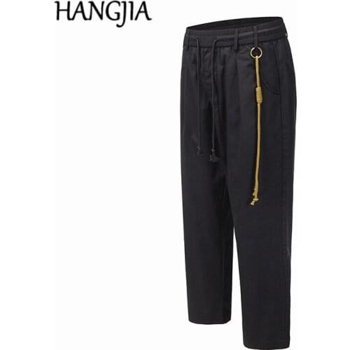 Streetwear Hanging Rope Decoration Nine-point Pants Fashionable Black Fitted Men Loose Casual Straight Ankle Length Pants Women