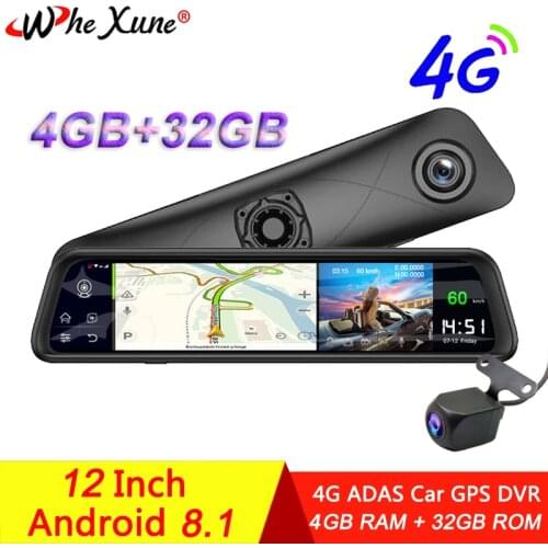 WHEXUNE 4GB+32GB 12 inch Car Mirror Android 8.1 dvr Dash Camera 1080P camera wifi GPS Navigation ADAS Remote car video recorder