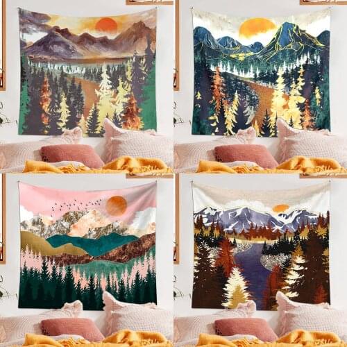 Japanese Sunset Tapestry Pink Mountain Nature Forest Wave Abstract Landscape Boho Decor Hanging Wall Tapestries Mandala Blanket