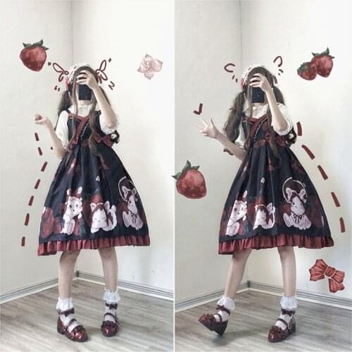 Japanese sweet lolita dress retro falbala bowknot v-neck high waist cute printing victorian dress kawaii girl gothic lolita jsk