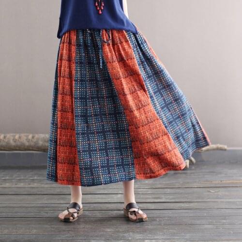 Women Loose Elastic Waist Patchwork Skirts Ladies Vintage Bamboo Cotton Skirt Female 2021 Spliced Skirts