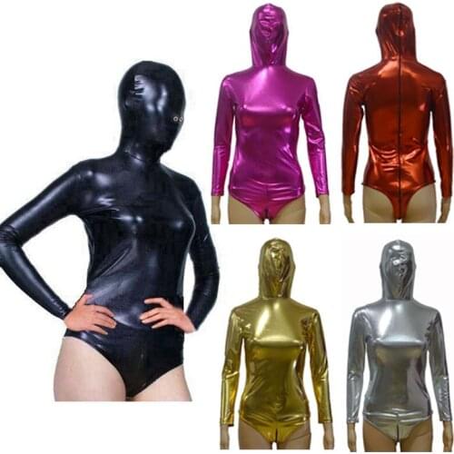 Women Sexy PVC Faux Leather Wet Look Hood Bodysuit Teddy Short Lingerie Clubwear Party fancy dress X6701 MXL