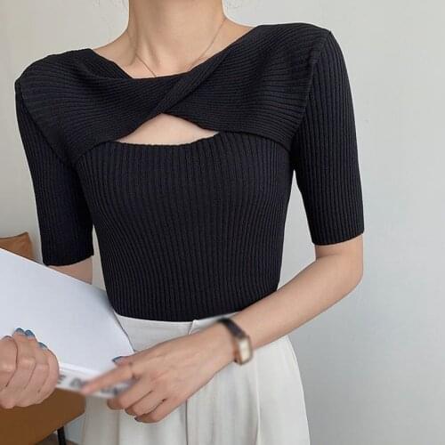 Summer Fashion Round Neck Hollow Out Slim Knitted Short Sleeve T-Shirt Womens Casual Tops
