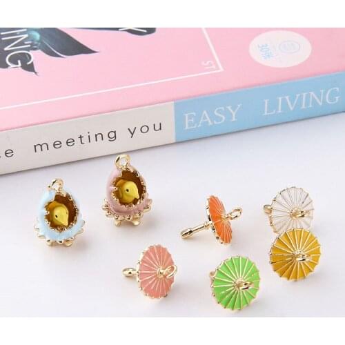 10pcs Alloy Dripping Fun Mini Earings For Girls Small Umbrella Broken Shell Chicken Cute Cartoon Pendant Diy Jewelry Accessories