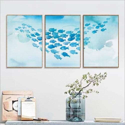 Abstract Poster Cartoon Blue Fish Group Canvas Painting Childlike Print Poster Wall Art Pictures Nursery Children Home Decor