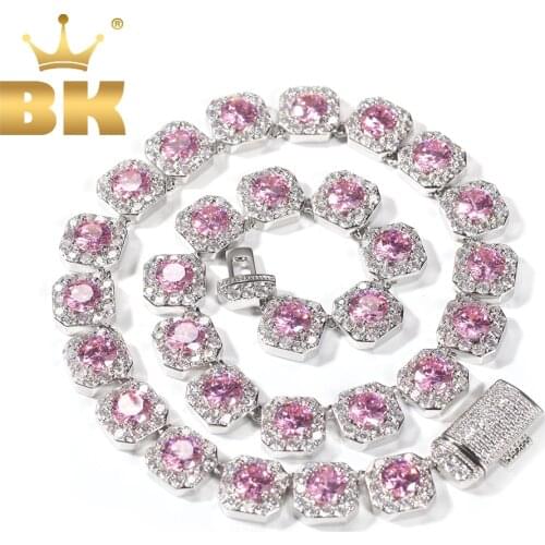 The BLING KING Iced Out Bling Pink Purple Yellow Square Baguette CZ Paved Link Chain Choker Necklace Hiphop Jewelry For Gift