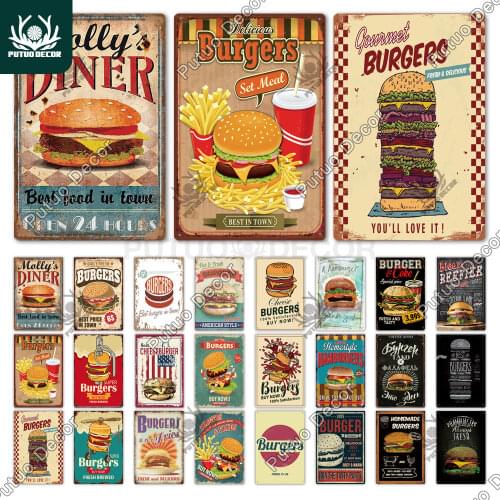 Hamburger Metal Sign Plaque Metal Vintage Fast Food Tin Sign Wall Decor for Kitchen Cafe Diner Bar Burger Metal Signs(20x30cm)