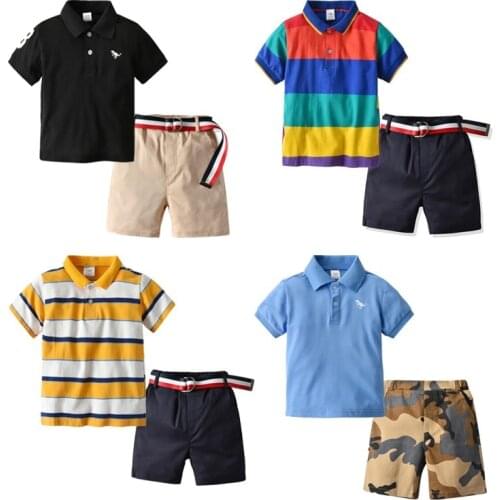 Yocute Children Clothes 2021 Summer Boys Two Peice Set Shirt Khaki Belt Shorts Cotton Casual Suit Childrens Suit High Quanlity