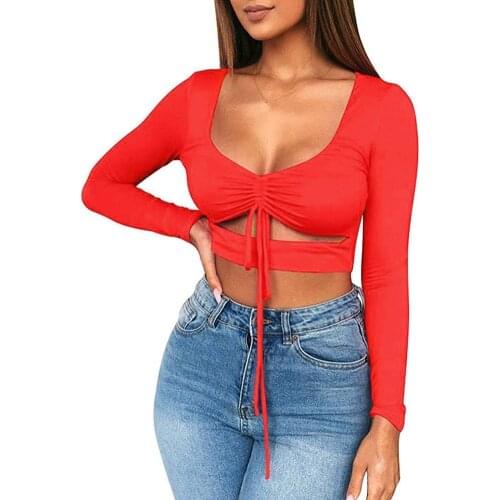 Solid Color Sexy T-Shirt Women Ruched Tie Up Crop Top Basic Long Sleeve Cut Out T-Shirt Women T-Shirt Short Oversized Tshirt
