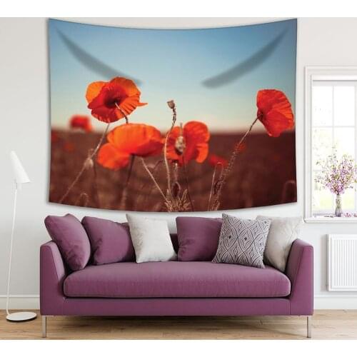 Tapestry Wild Poppy Flowers horse Summer Meadow Wildflowers at Sunrise Nature Landscape Blue Orange Brown