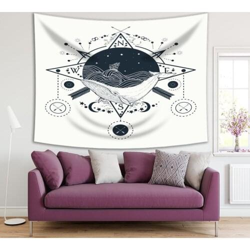 Tapestry Ship Storm Waves Whale under Water Travel Adventure Hipsters Marine Theme Graphic Style Artwork Navy Blue