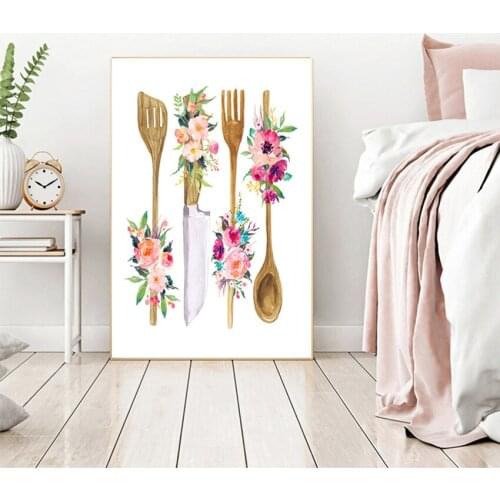 Painting Wall Picture Poster Home Decoration Floral Kitchen Utensil Print Kitchen Wall Art Decor Wooden Utensil Art Canvas