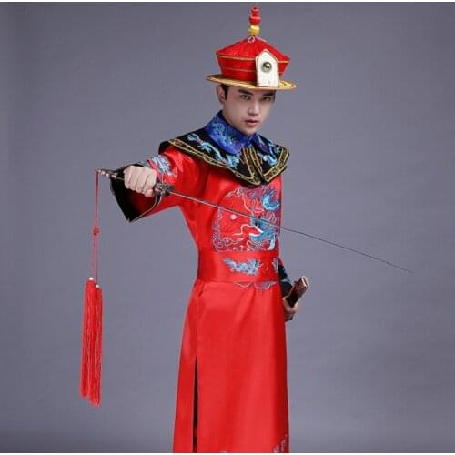 China Qing Dynasty men clothing sequins SuZhou embroidered emperor Dragon Gown Robe ancient Manchu prince clothing stage costume
