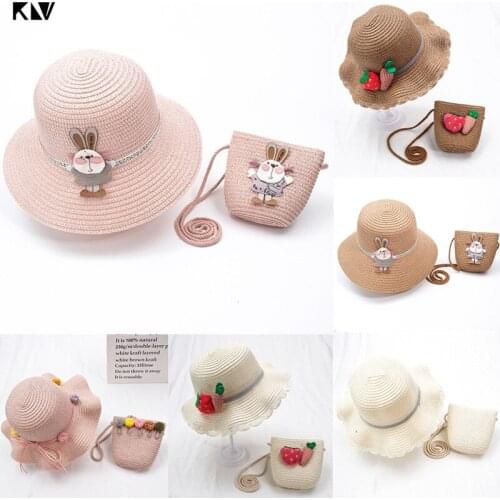 KLV Summer Kids Woven Straw Sun Visor Hat with Handbag Pouch Set Cartoon Rabbit Pompom Bowknot Travel Vacation Beach Cap Bag