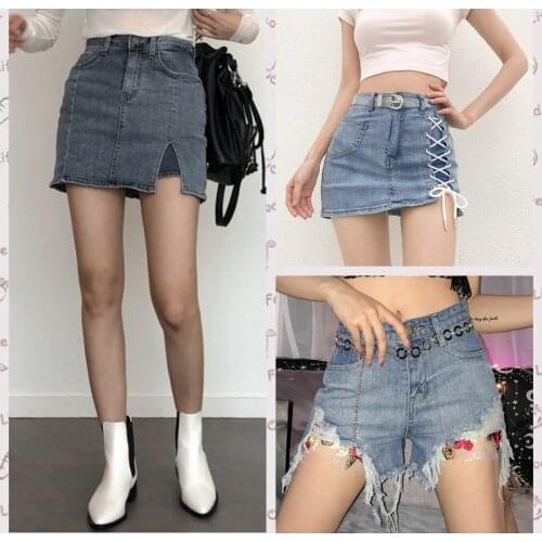2020 summer new European and American street shooting trend mesh stitching jeans skirt women