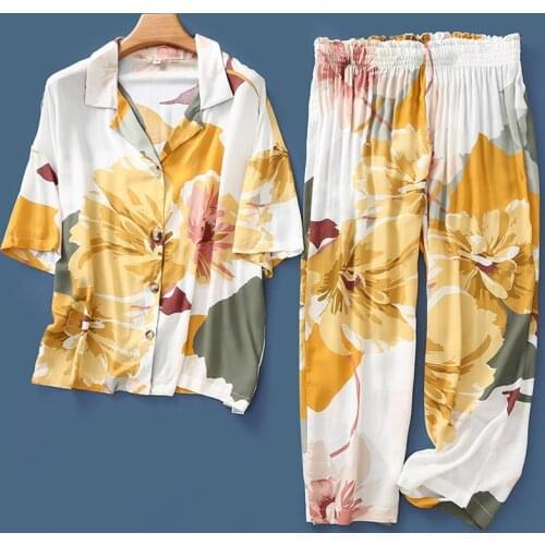 Summer New Nightgown Flower Ink Printing Satin Pajamas Short-sleeved Sleepwear Ankle-Length Pants Loungewear Pijama Home Clothes