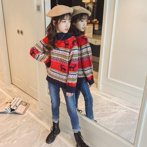Sweet Girls Sweaters Warm Knits Clothes Cartoon deer Striped Print Red Turtleneck pullovers for 4 5 6 7 8 9 10 11 12 Years Girls